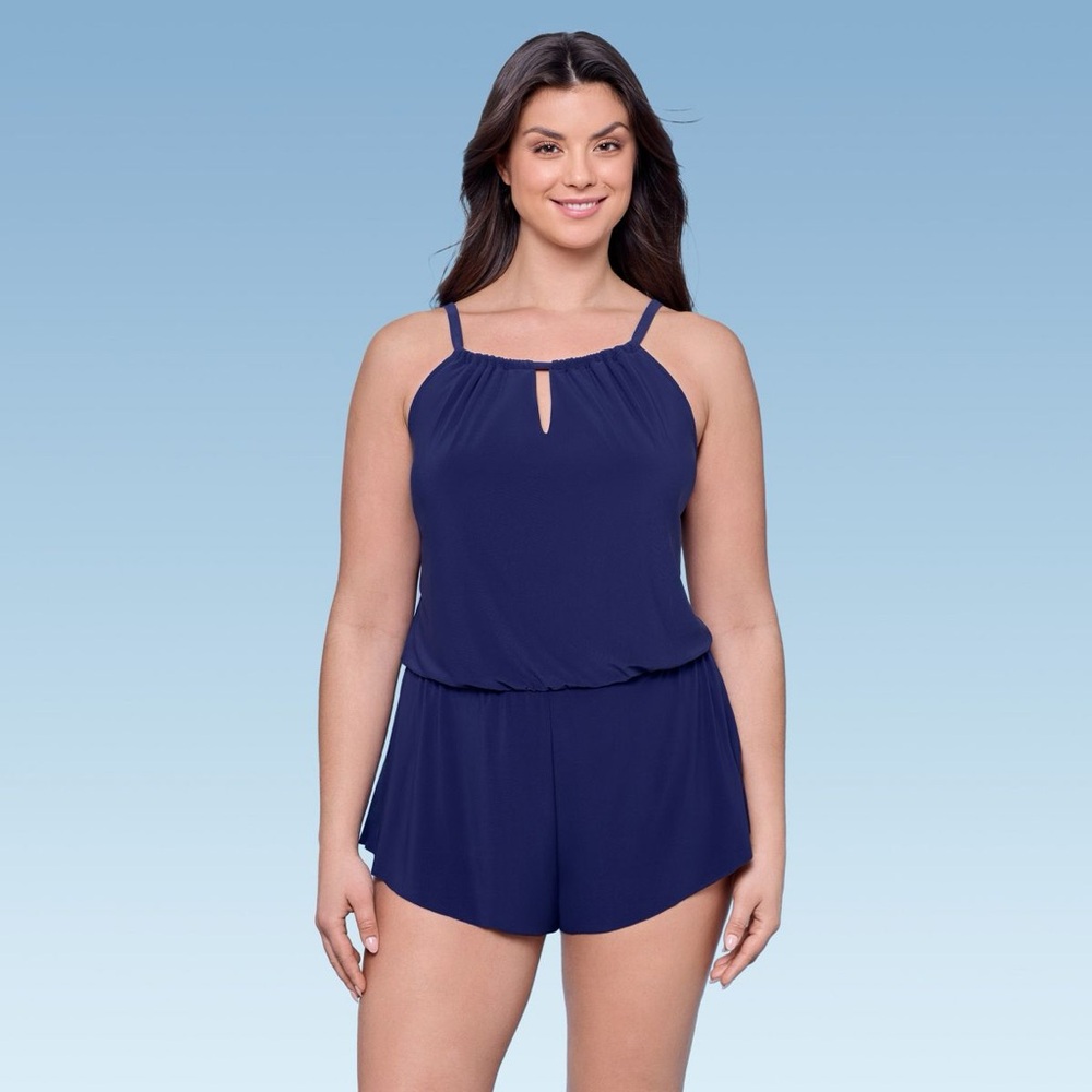 Aqua Green Keyhole Blouson Swimsuit Romper Blue XL Women’s One-Piece Beach